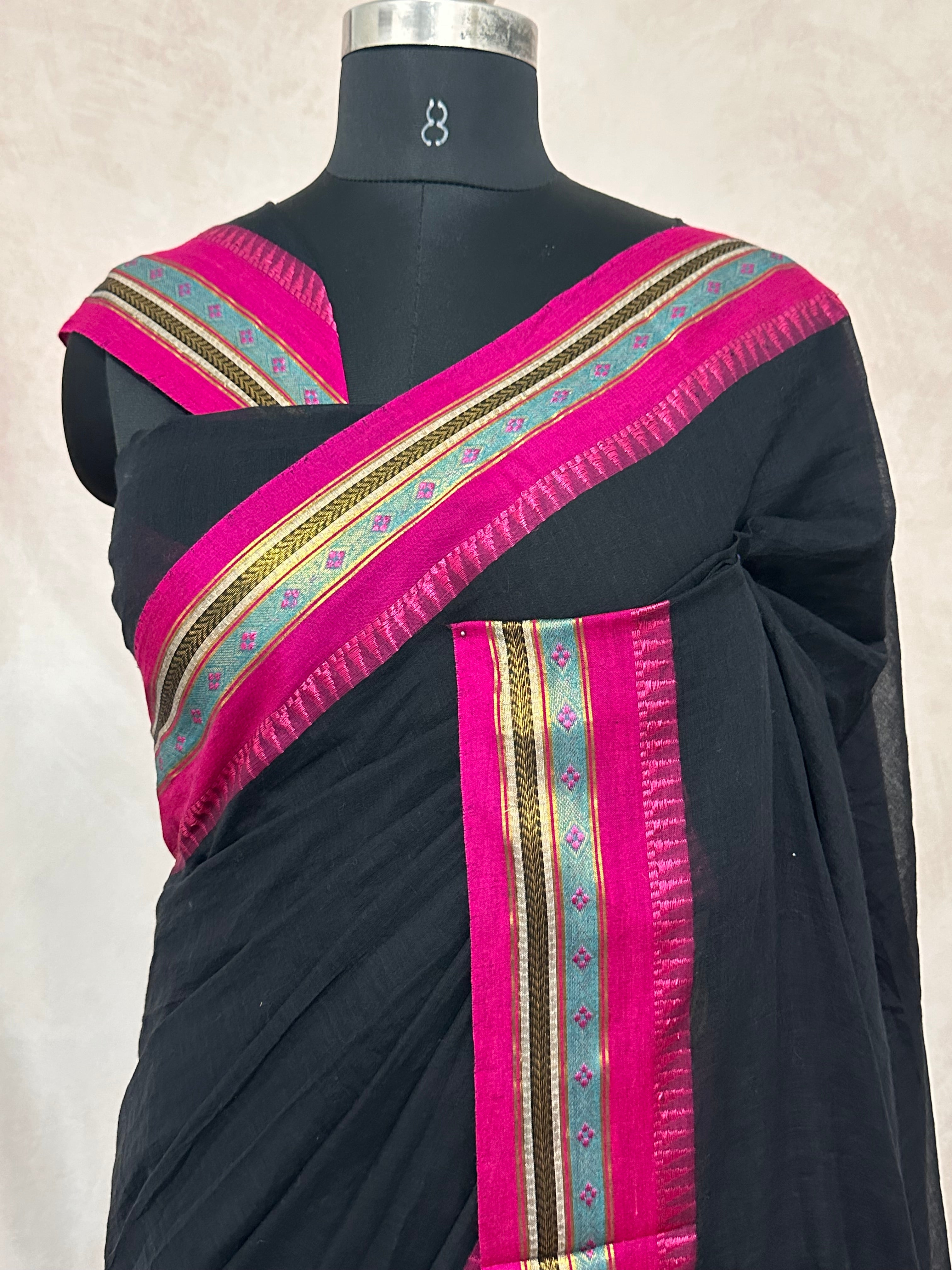 Black jaquard temple border 120 count mulcotton saree