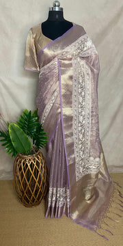 Lilac Tissue Kotta silk saree with mirror and chikankari work, with stitched blouse