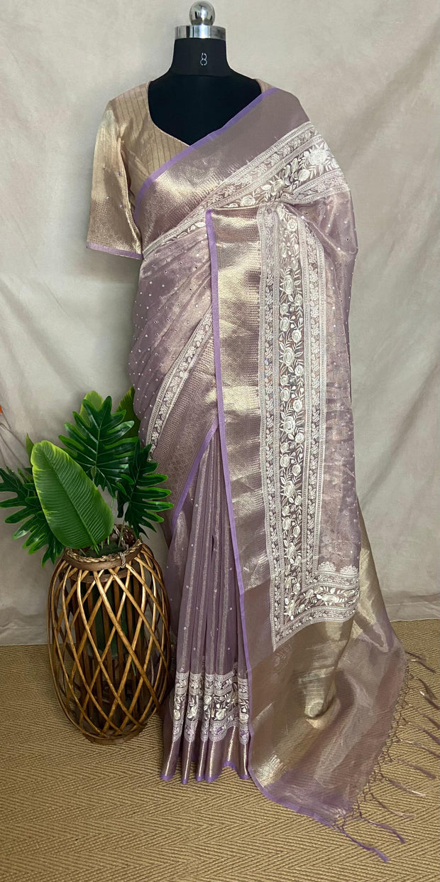 Lilac Tissue Kotta silk saree with mirror and chikankari work, with stitched blouse