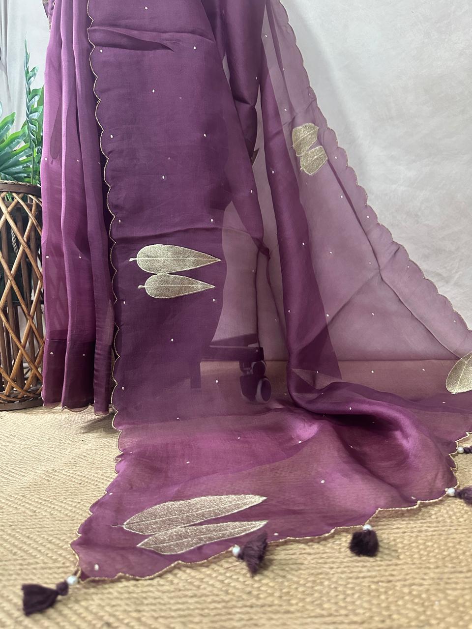 Purple organza saree with stitched blouse
