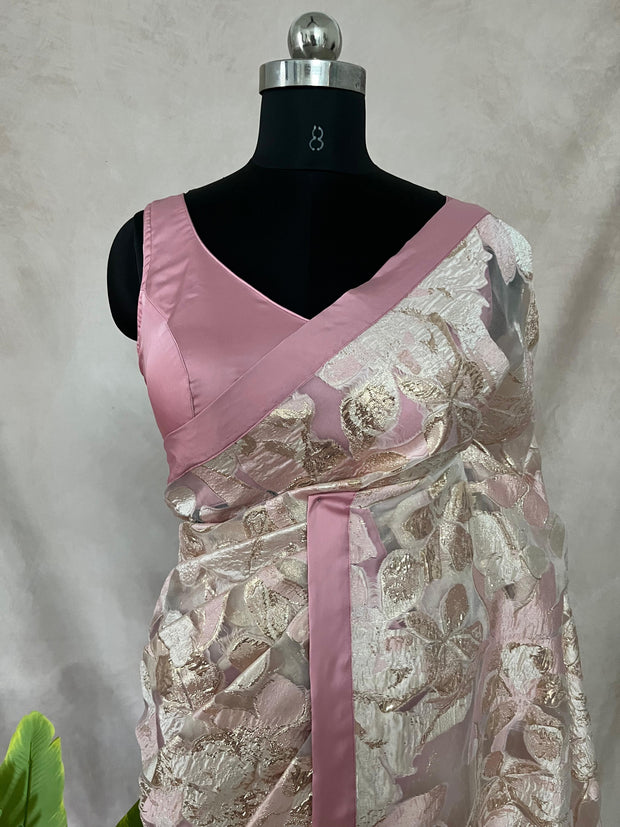Light pink designer saree with stitched blouse