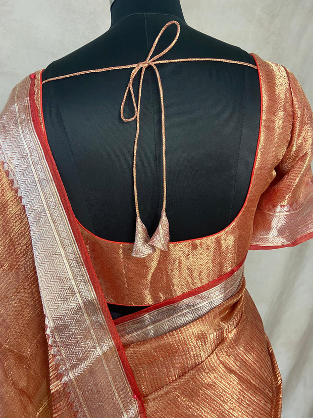 Red banarsi tissue silk saree with stitched blouse