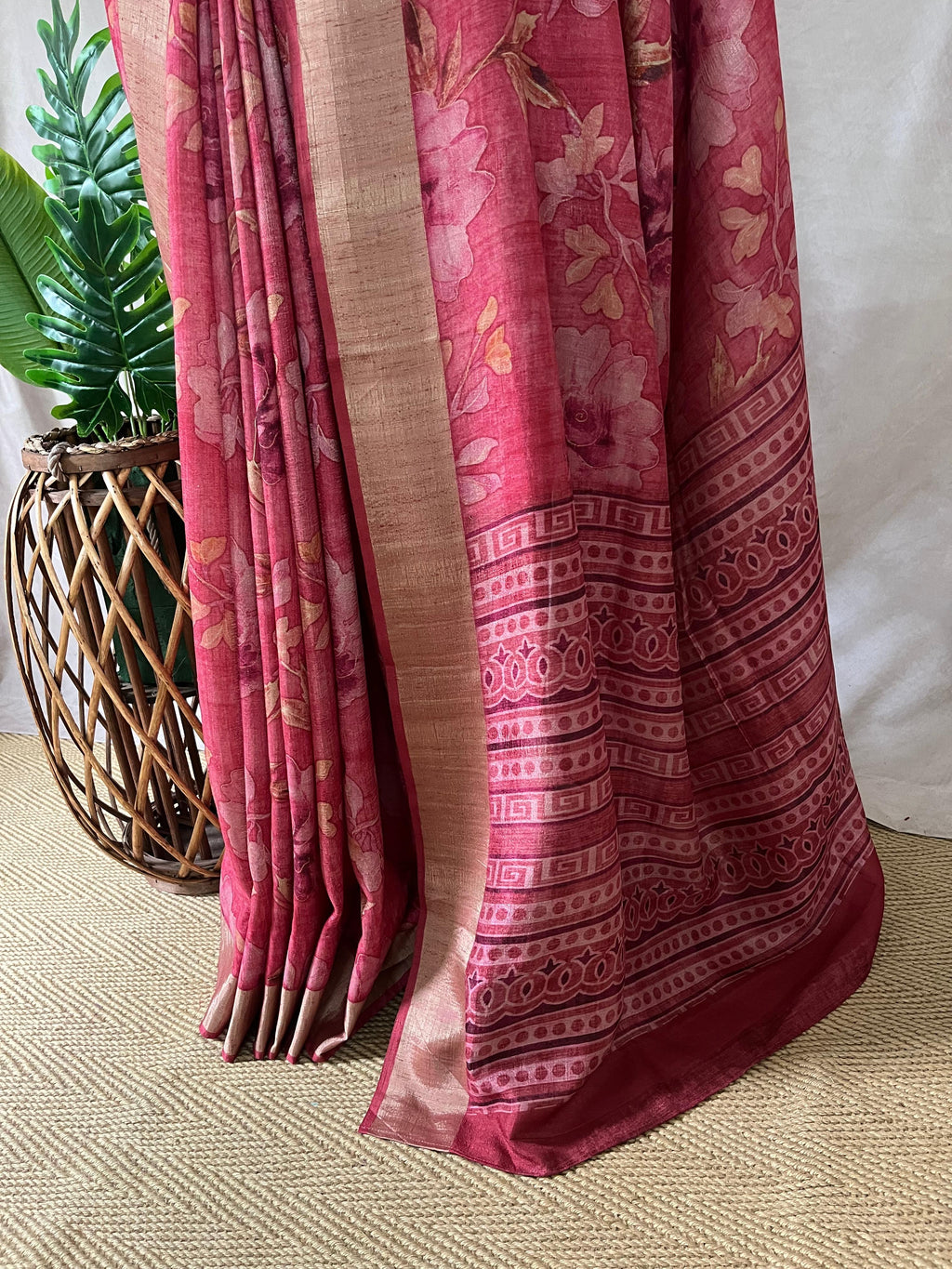 Pink semi soft tussar silk saree with floral print, with stitched blouse