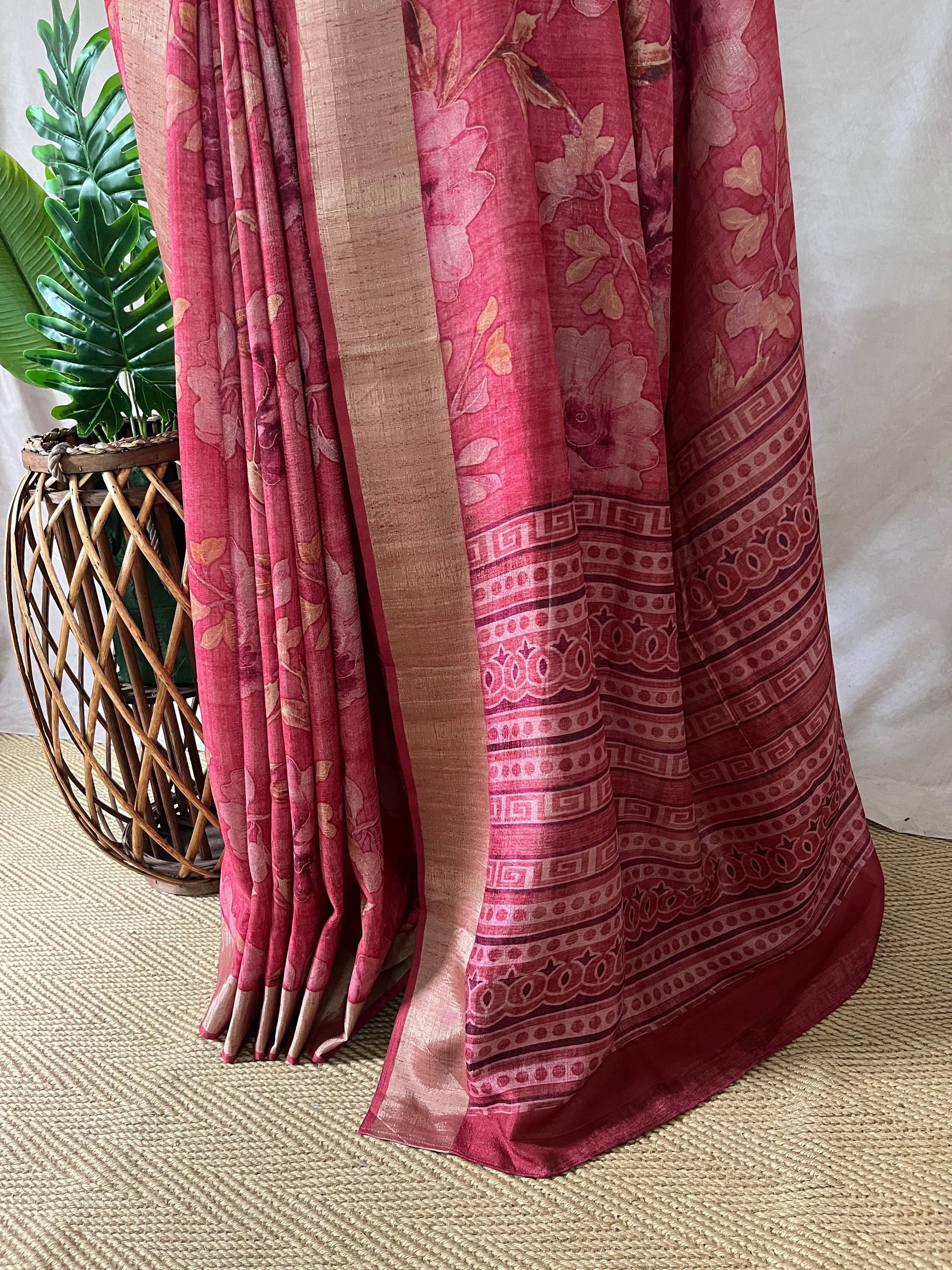 Pink semi soft tussar silk saree with floral print, with stitched blouse