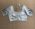 Light grey modal silk blouse with mirror work and hand Kutch Embroidery