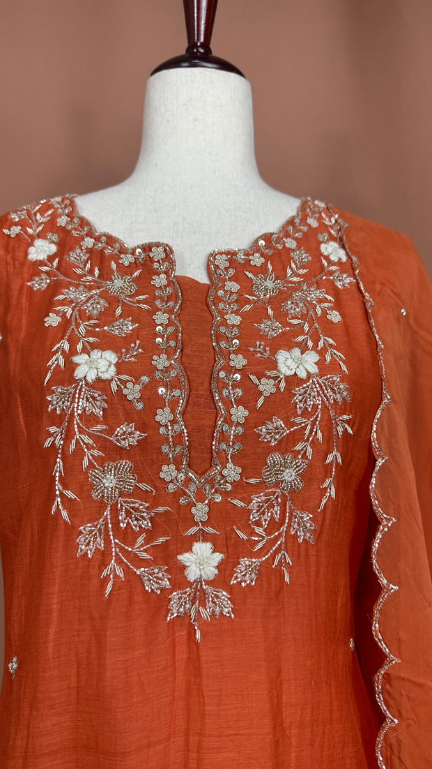 Orange Chanderi silk kurti set with hand emroidery