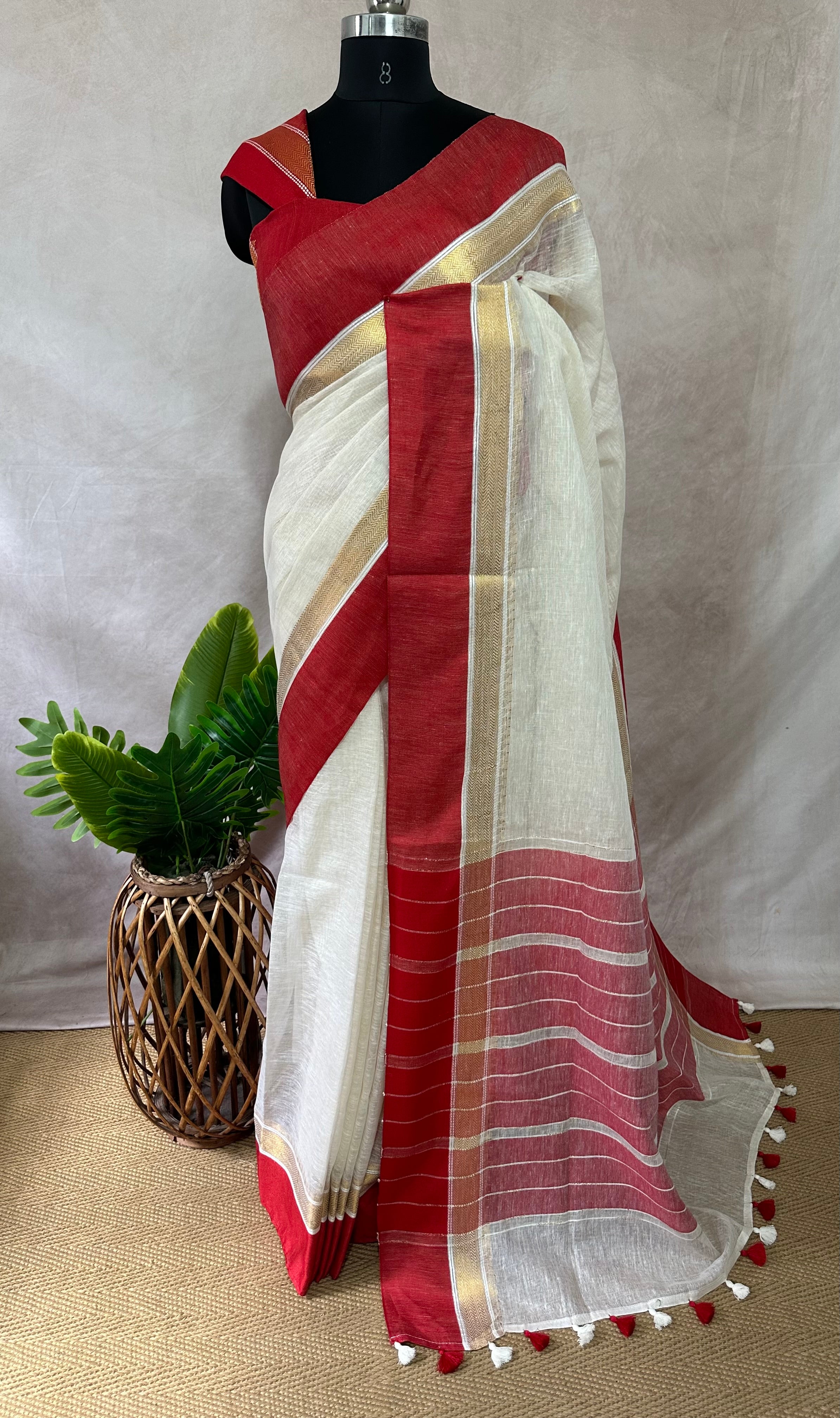 Red and gold border pure linen saree