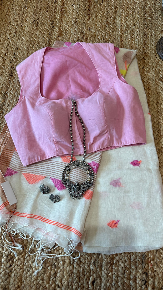 Light blue tissue linen saree with jamdani weave, with BP