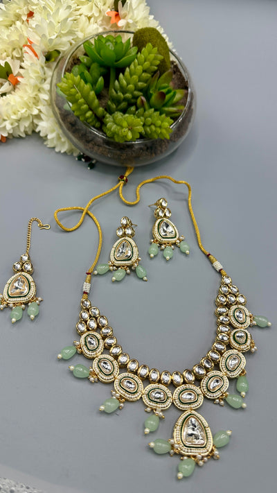 Kundan necklace and earring with mint green beads