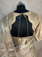 Beige Tissue Kotta silk saree with mirror and chikankari work, with stitched blouse