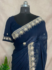 Navy Blue organza saree with Stiched blouse