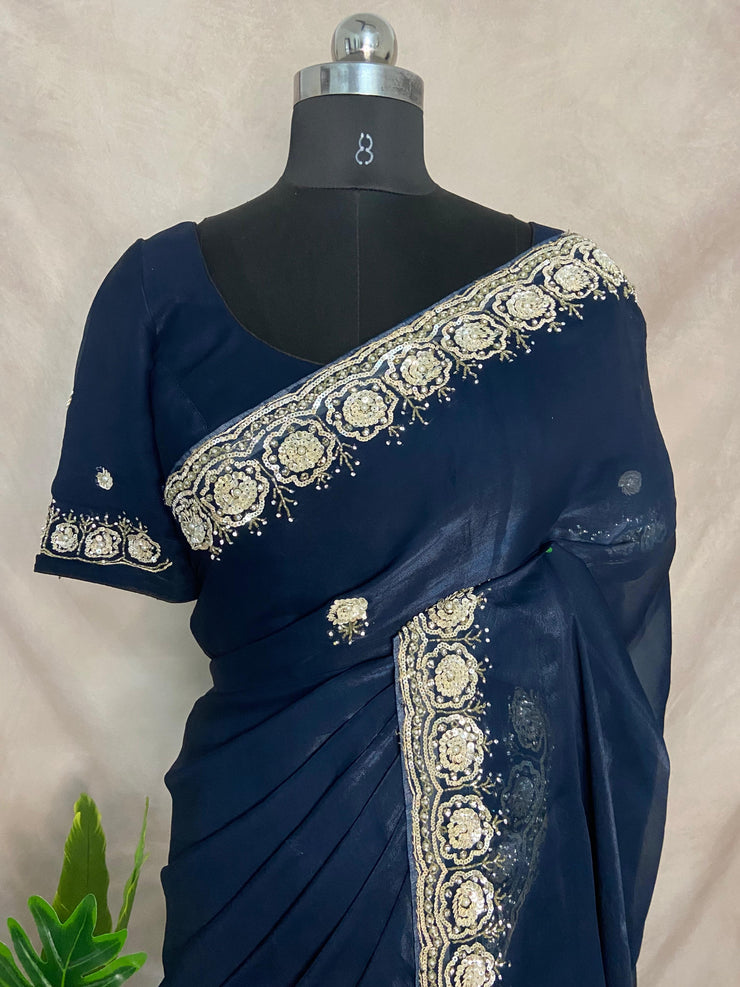 Navy Blue organza saree with Stiched blouse