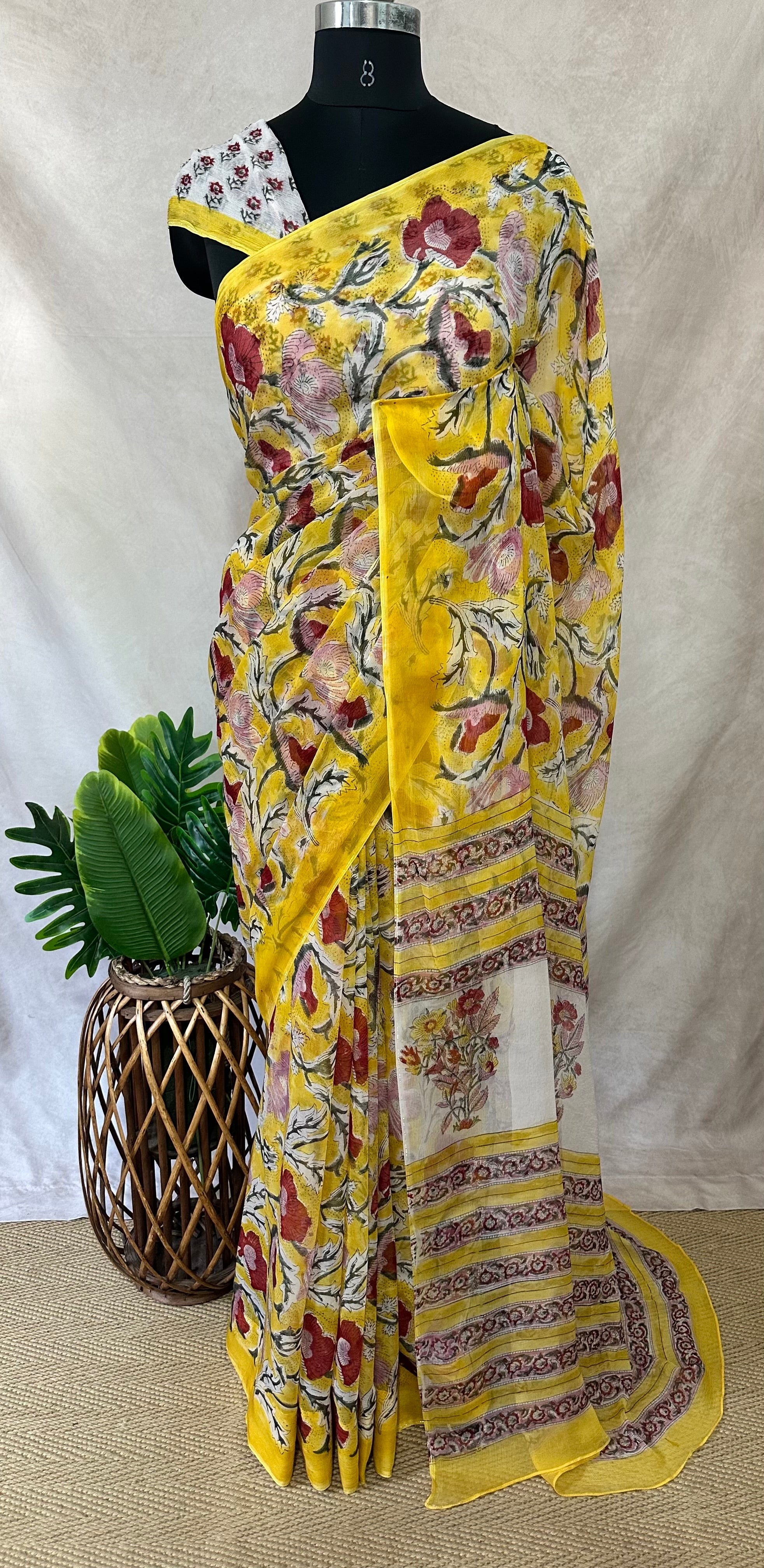 Premium handblock printed Pure Chiffon saree , with BP