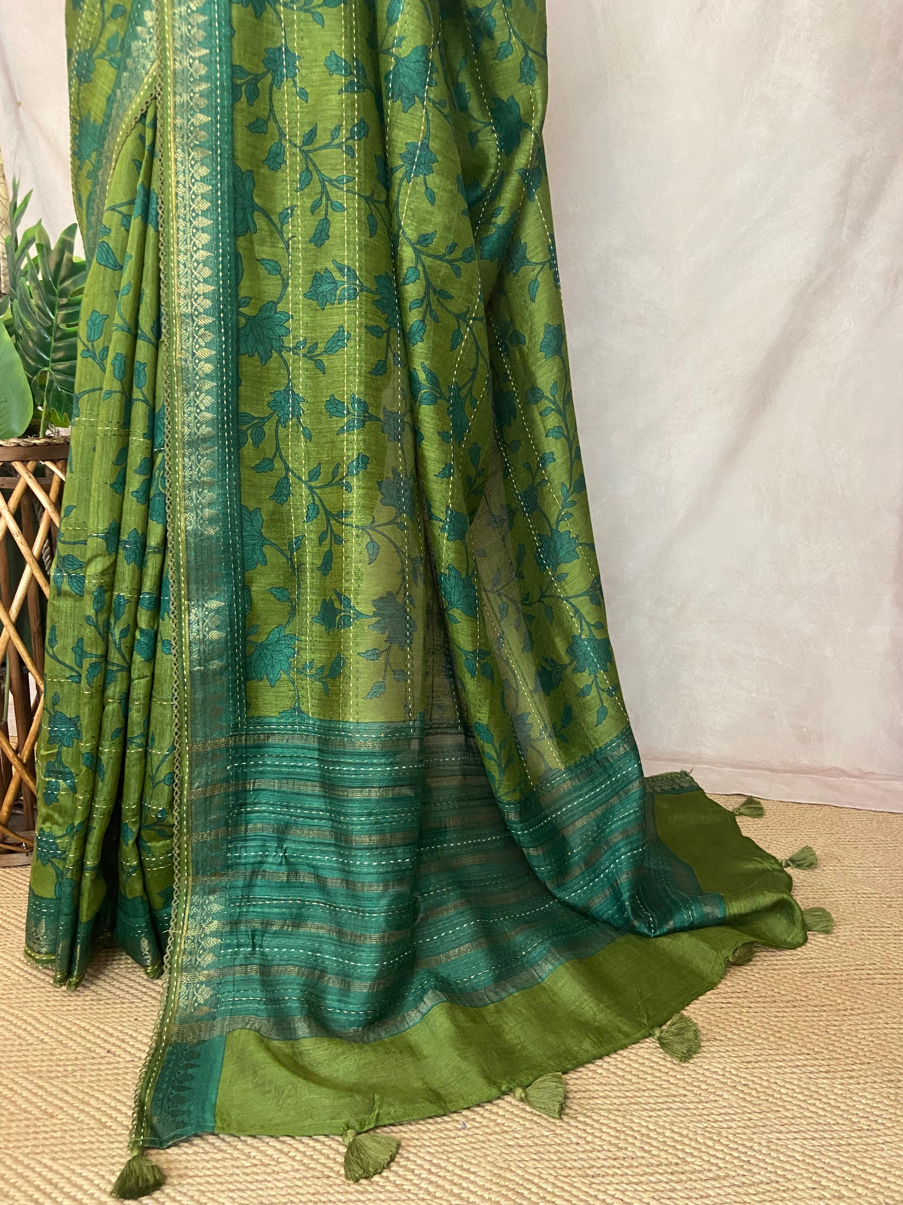 Printed blended tussar silk saree with kanta work and stitched blouse