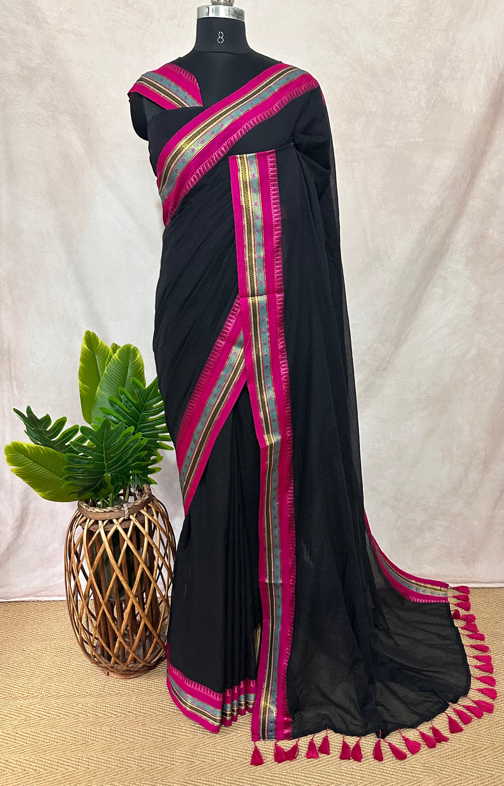 Black jaquard temple border 120 count mulcotton saree
