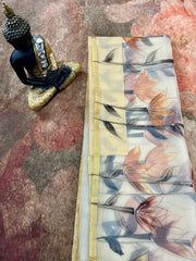 Hand painted off white  organza saree