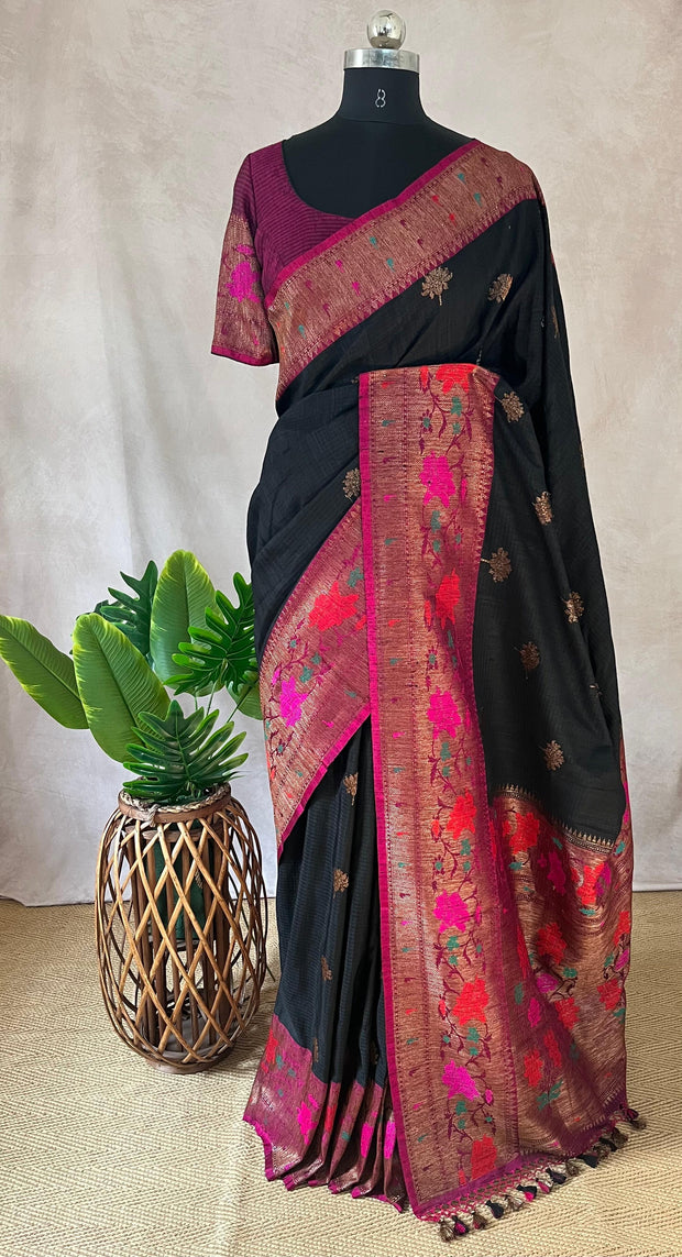 Pure Dupion silk Black saree with muniya border and stitched blouse