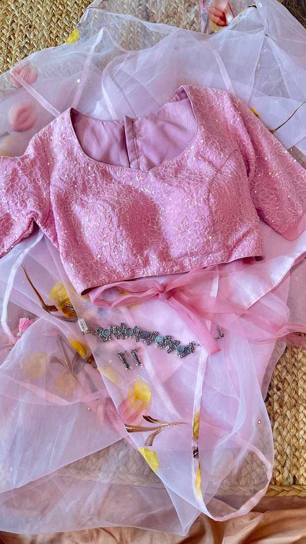 Hand painted light pink organza saree