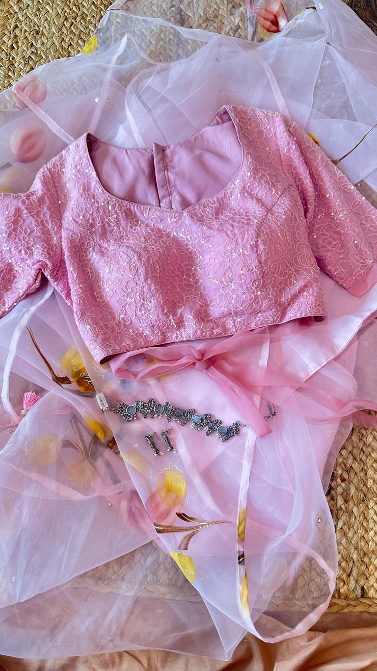 Hand painted light pink organza saree