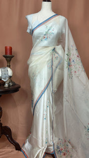 Aliya Bhatt White floral printed half organza and half satin silk saree with stitched blouse