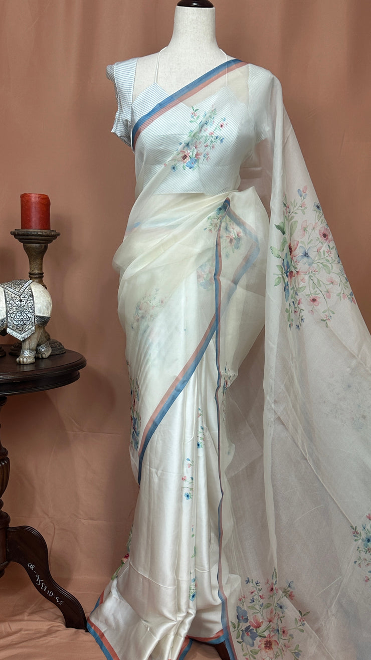Aliya Bhatt White floral printed half organza and half satin silk saree with stitched blouse