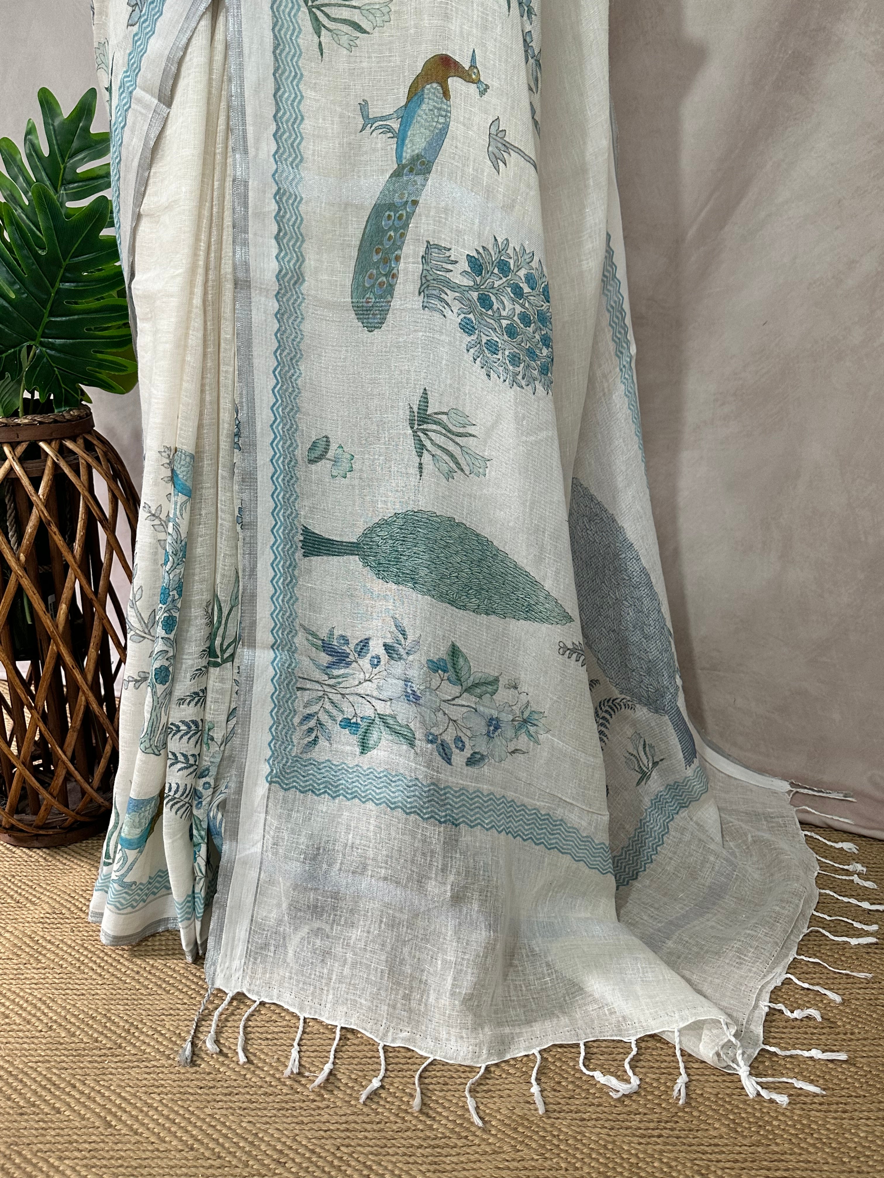 Linen digital Printed saree , with BP