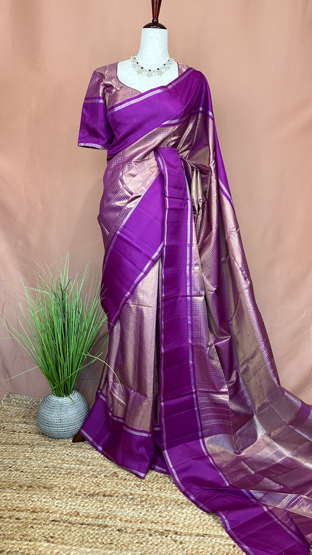 Purple Handloom Pure Silk Tissue Kanchivaram Saree With Stitched Blouse
