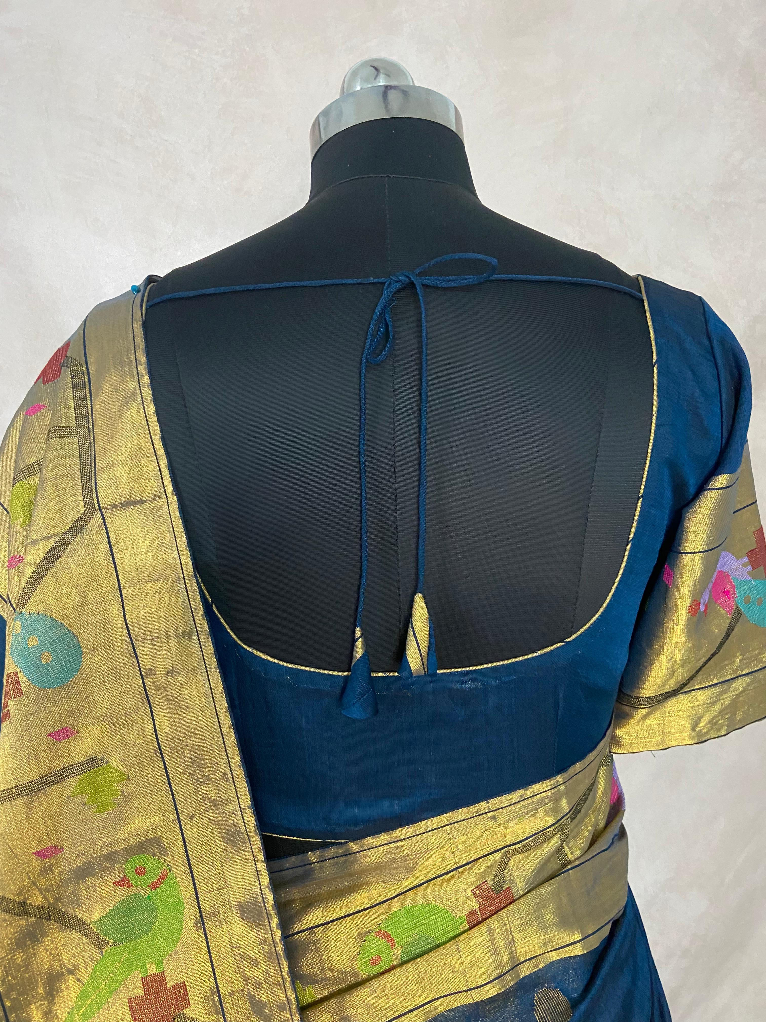 Peacock blue cottan paitani saree with stitched blouse