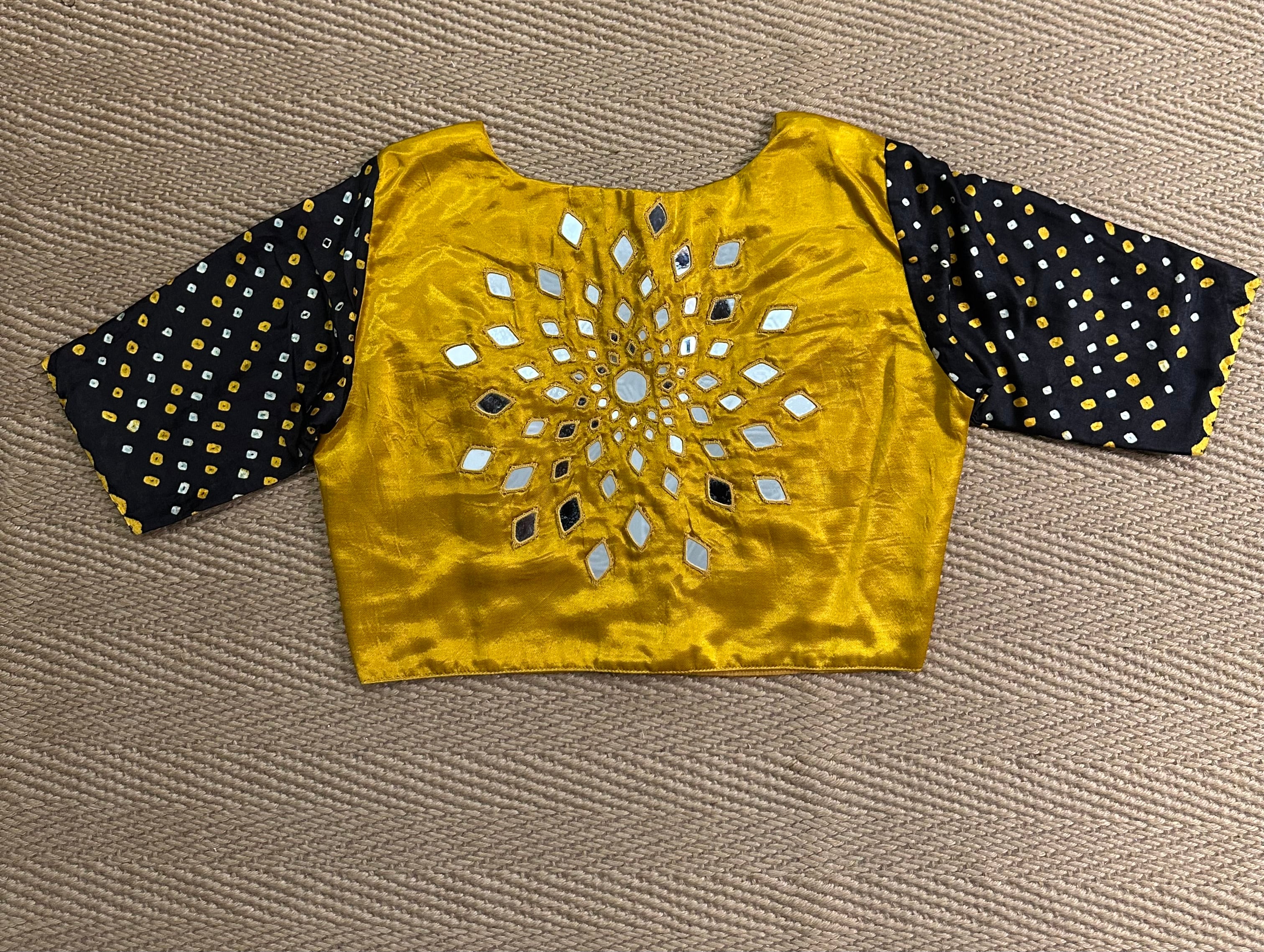 Mustard yellow modal silk blouse with mirror work and KutchEmbroidery