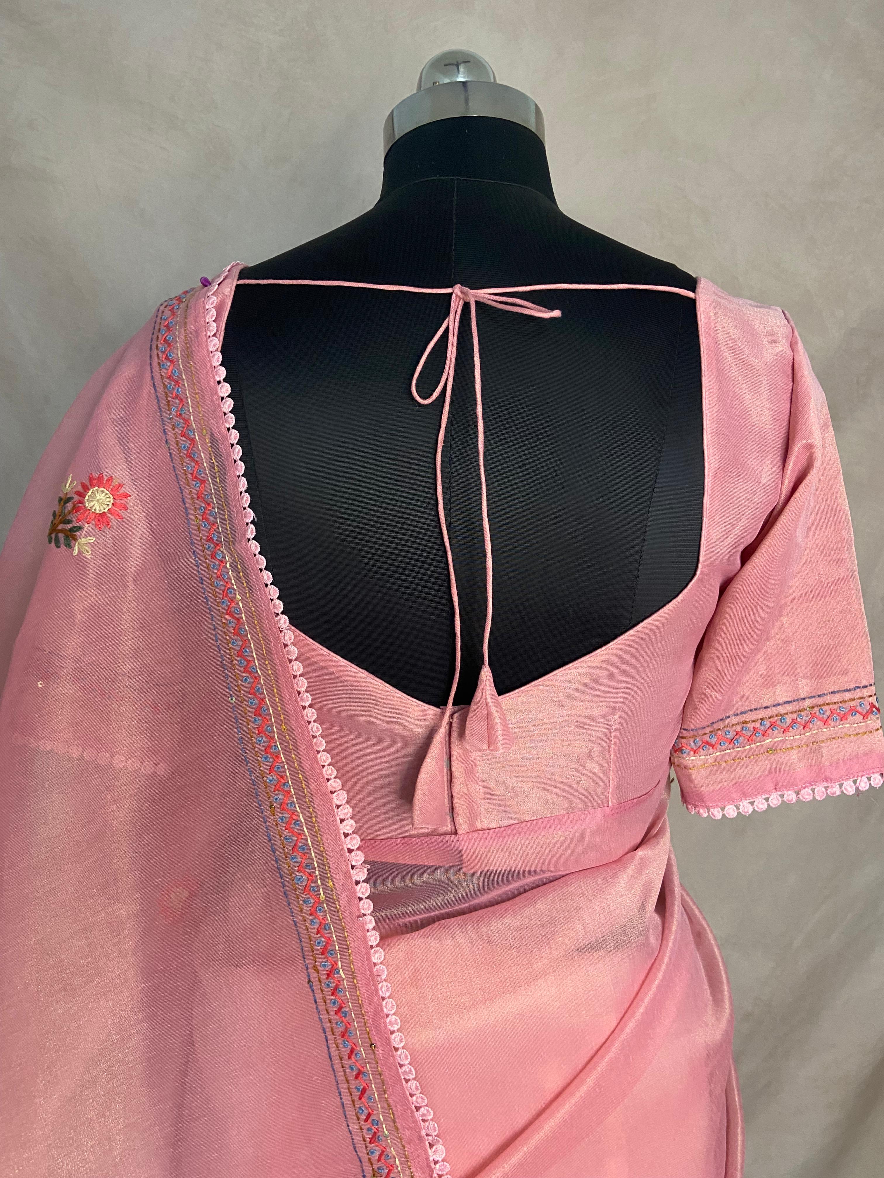 Tissue cotton saree with handwork and stitched blouse