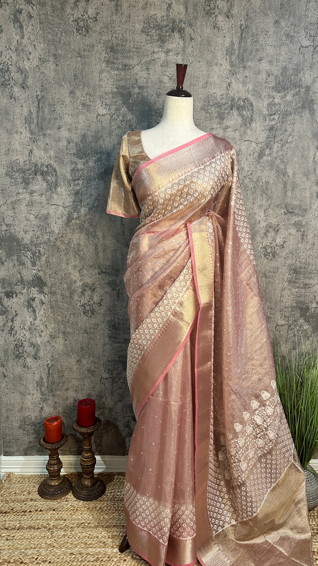 Tissue Kotta silk saree with mirror and chikankari work, with stitched blouse