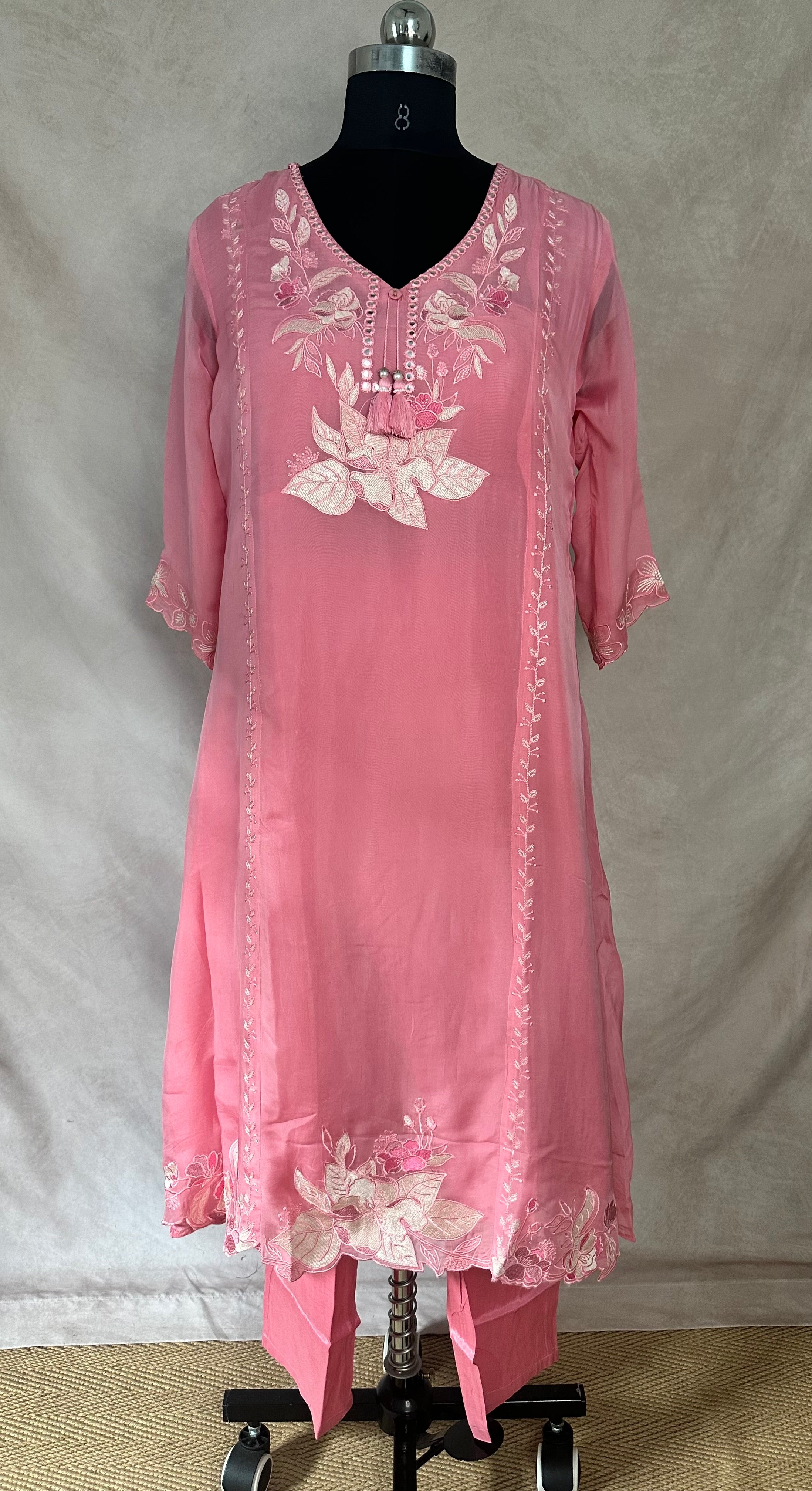 Light pink organza silk kurti with bottom and dupatta