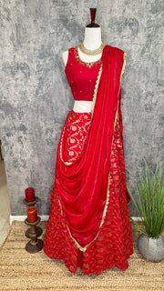 Red Banarsi Skirt with Blouse and Dupatta