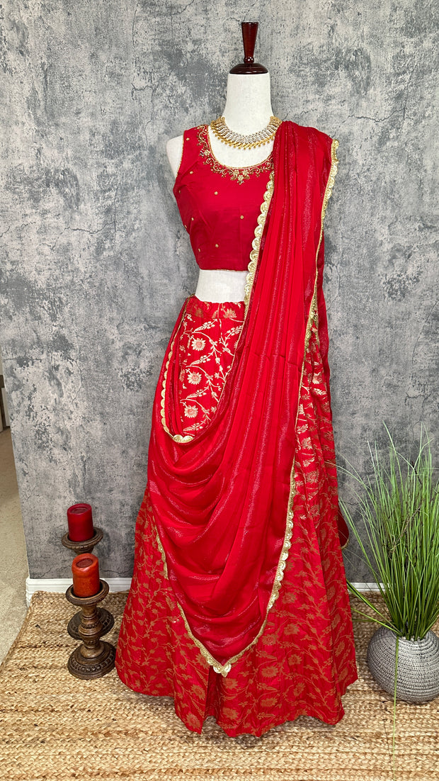 Red Banarsi Skirt with Blouse and Dupatta