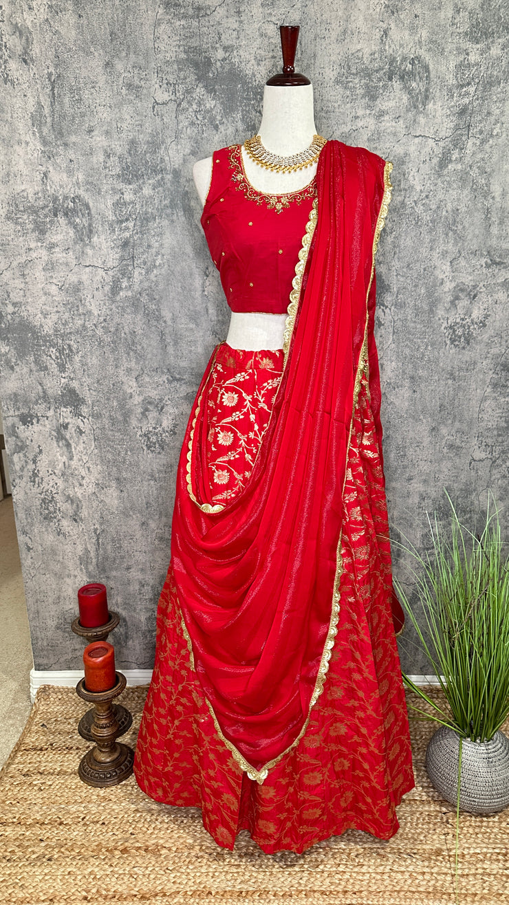 Red Banarsi Skirt with Blouse and Dupatta