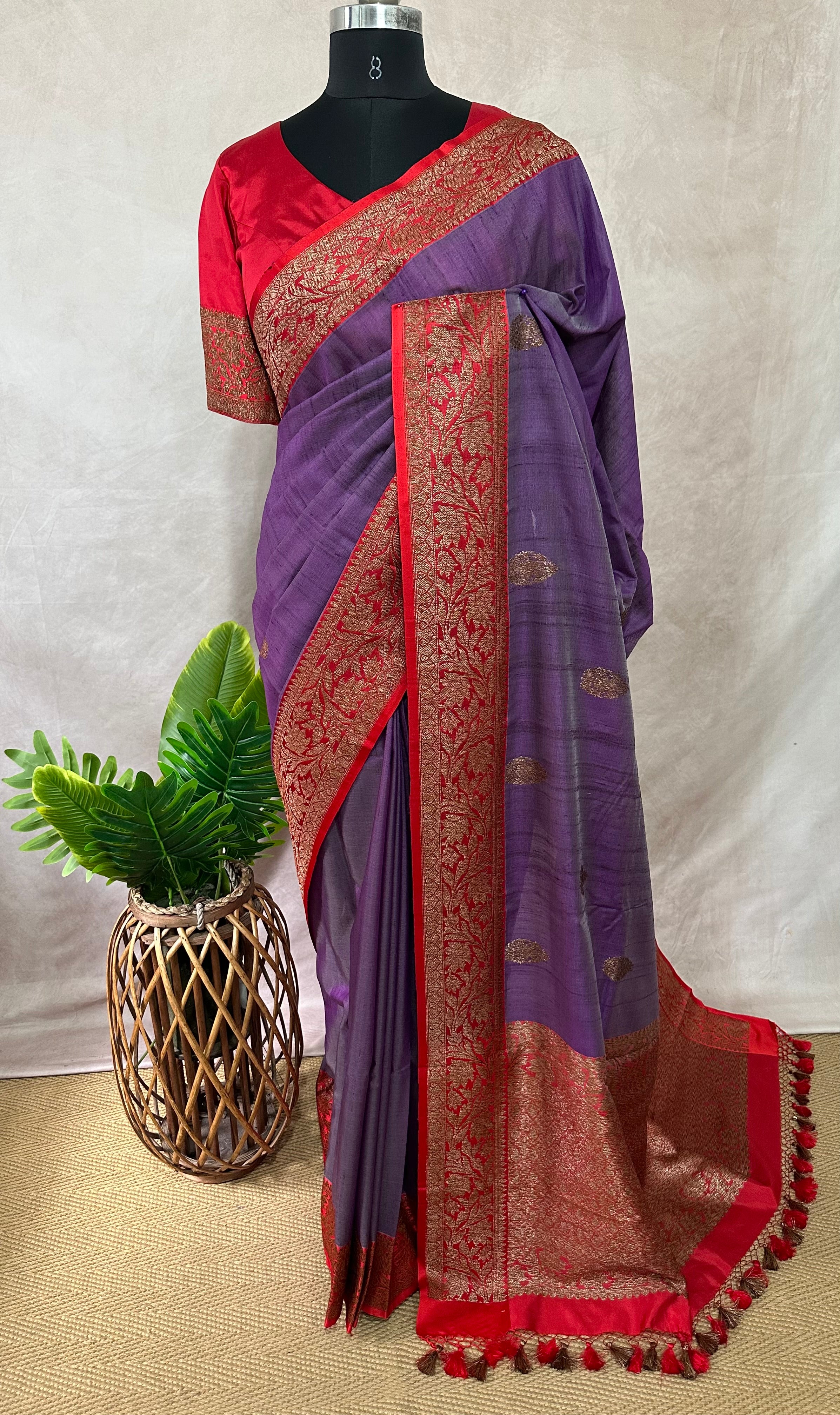 Egg plant raw silk saree with red banarsi borderr with stitched blouse
