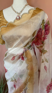 Hand painted organza silk saree with hand work, stitched blouse