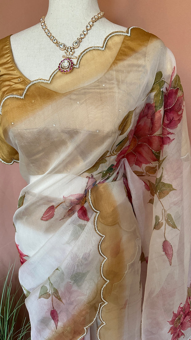 Hand painted organza silk saree with hand work, stitched blouse
