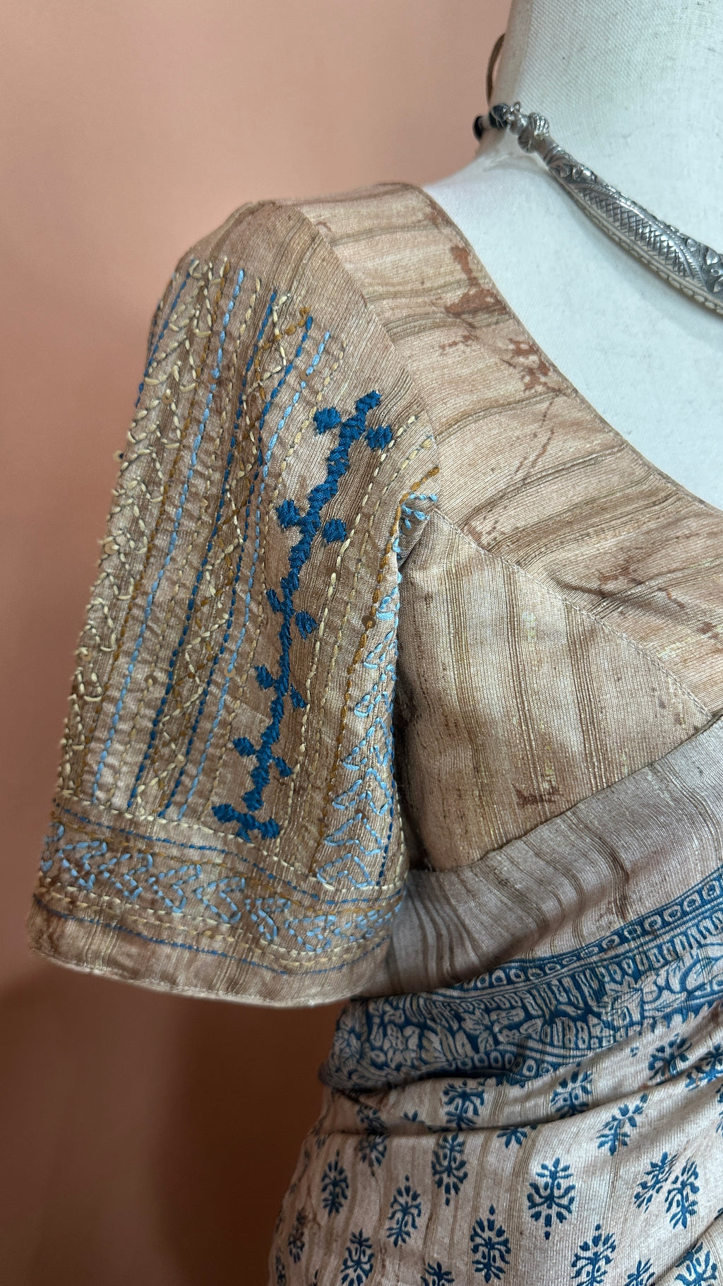 Printed Tussar silk saree with hand embroidery and stitched blouse