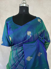 Peacock Blue Kanchivaram saree with stitched blouse