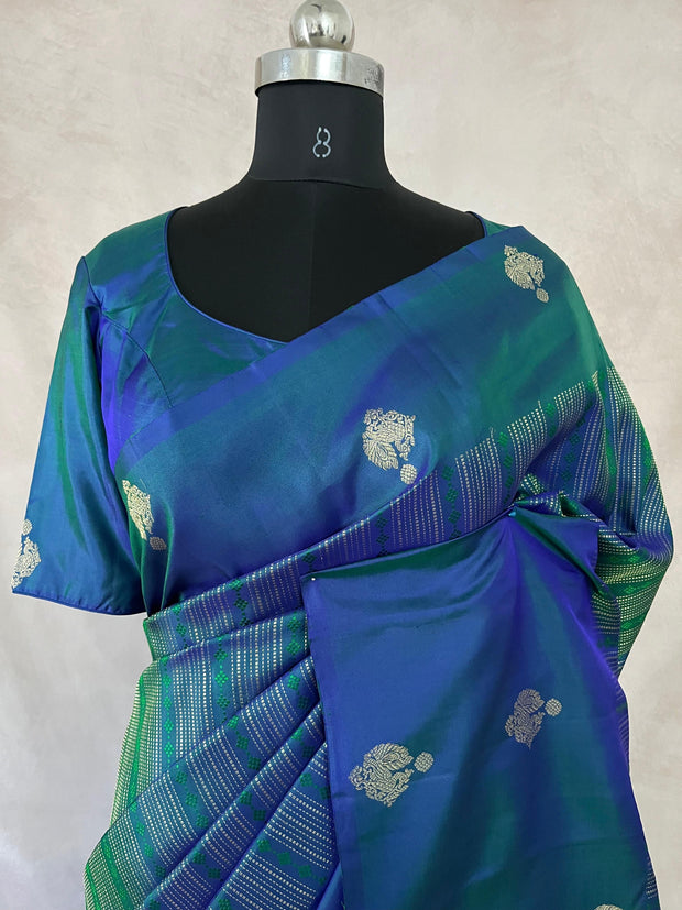 Peacock Blue Kanchivaram saree with stitched blouse