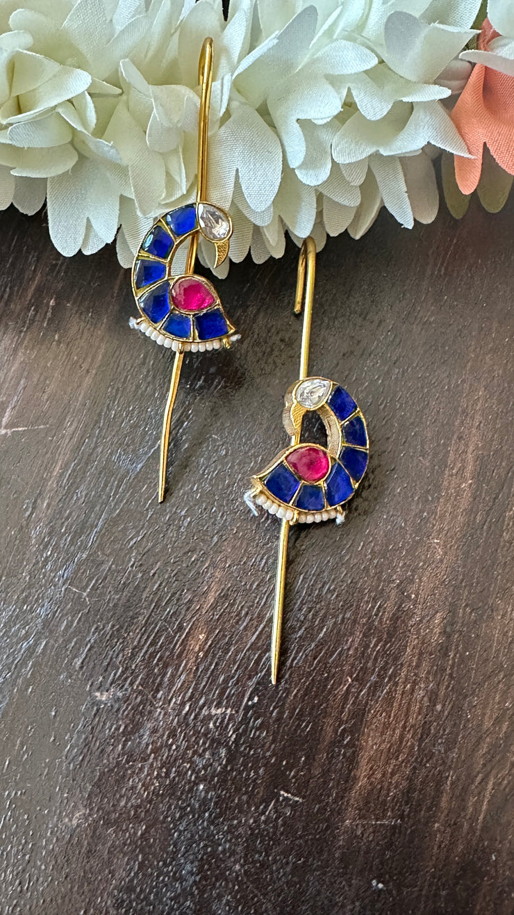 Blue and red color kundan stone ear pin/cuff
