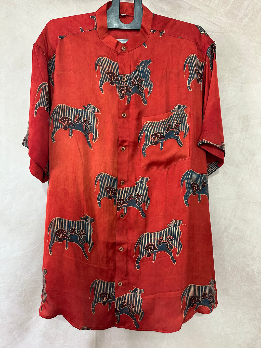 Ajrakh handblock printed Mandarin colar shirts in pure modal silk