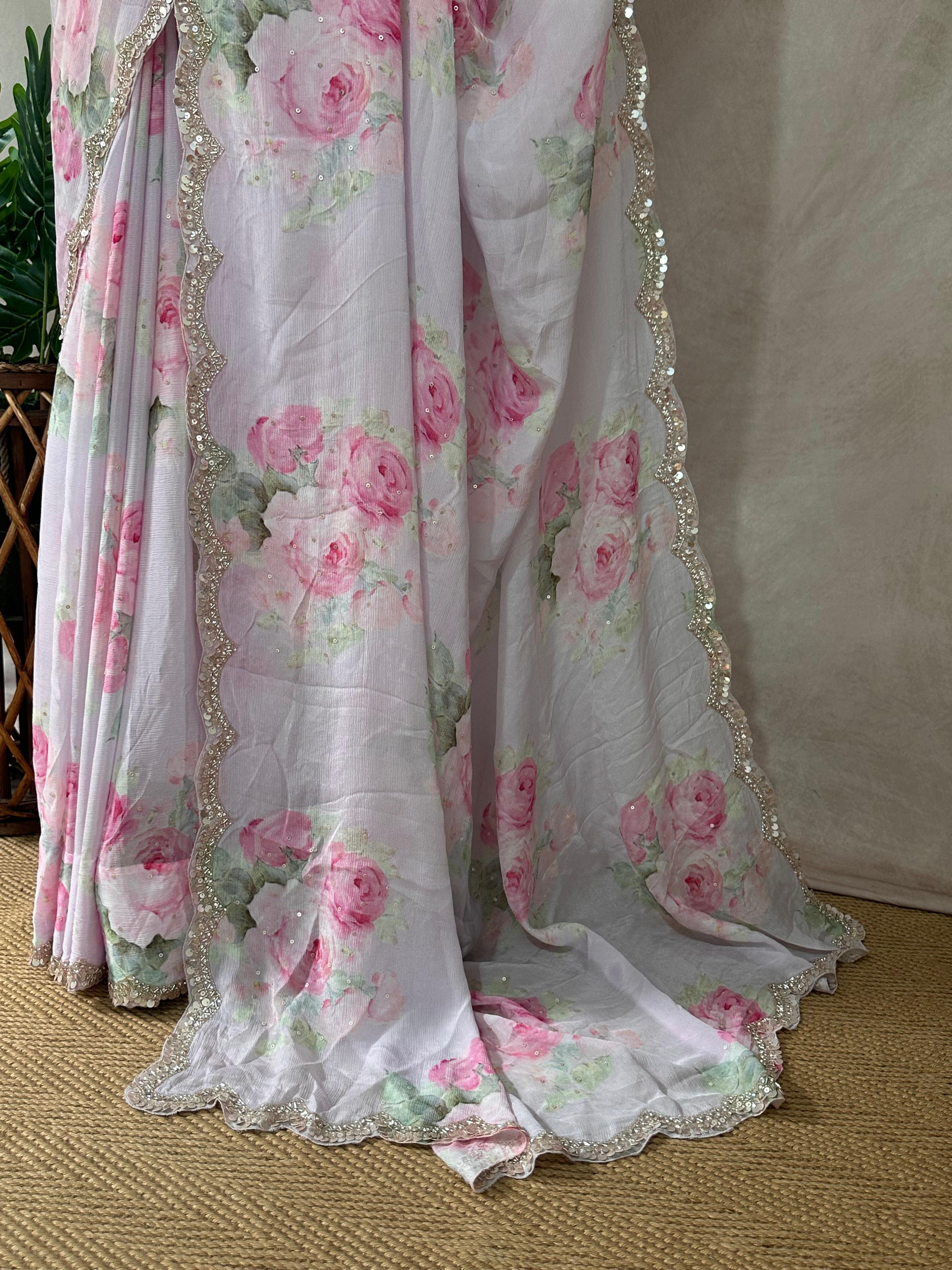 Crepe saree with sequins border , blouse and under skirt