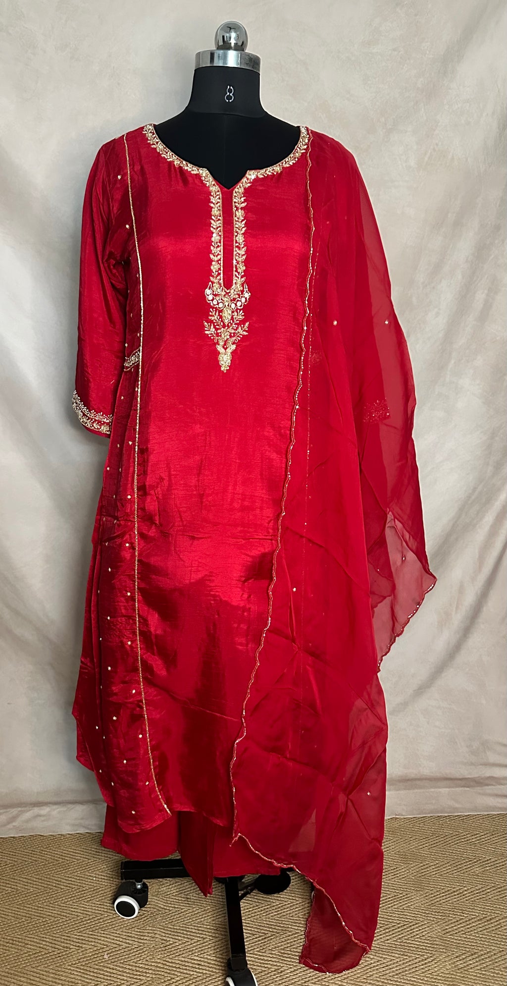 Red color cotton silk kurti with handwork, with bottom and dupatta