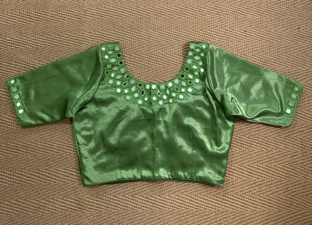 Light green modal silk blouse with mirror work