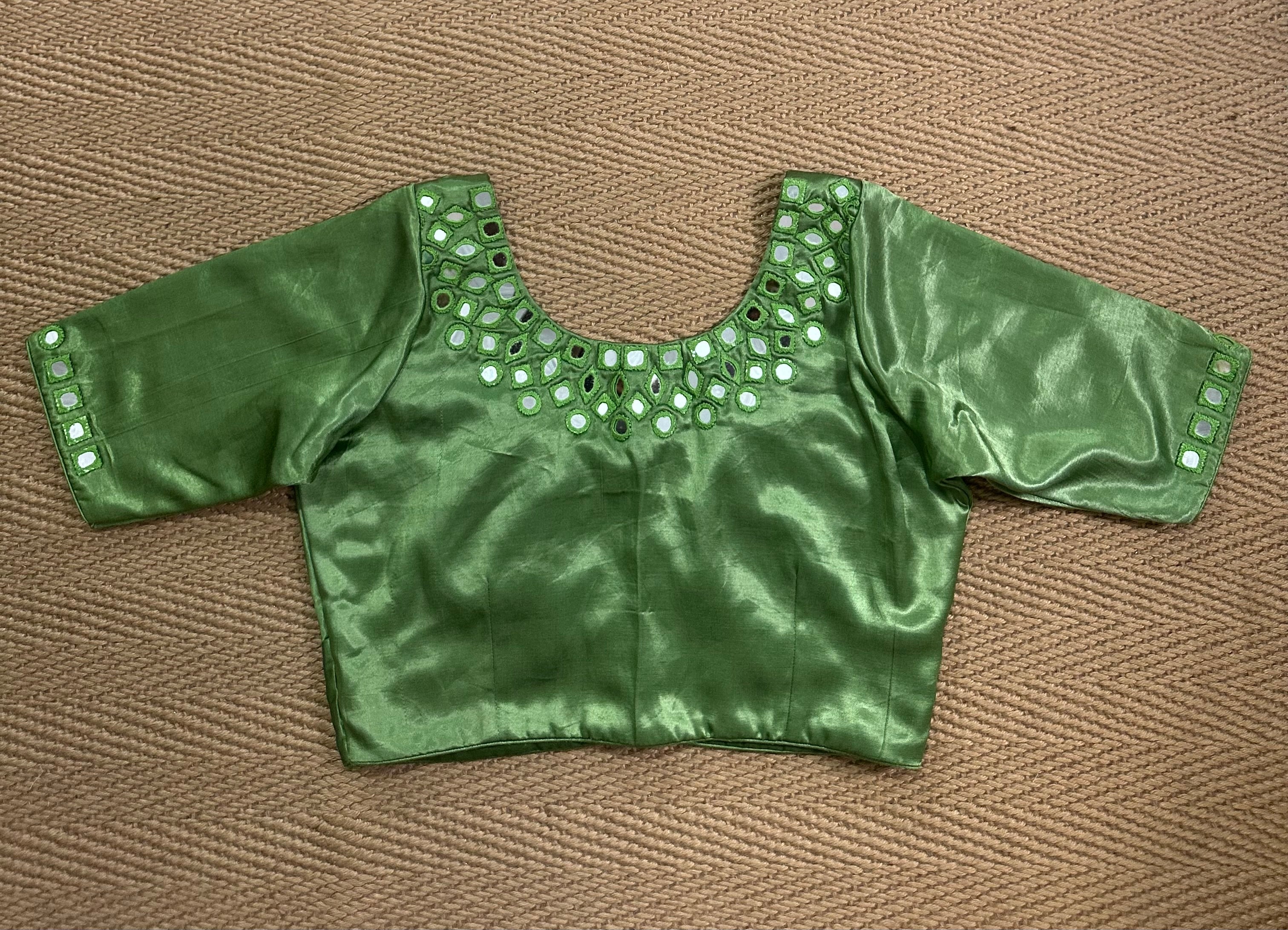 Light green modal silk blouse with mirror work