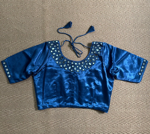 Blue modal silk blouse with mirror work
