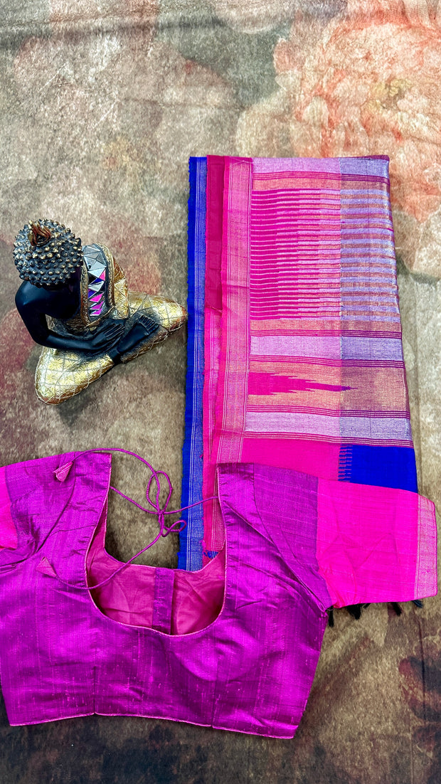 Cobolt Blue and pink combo pure raw silk saree with stitched blouse