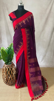 Win red handloon cotton saree with temple border, with BP
